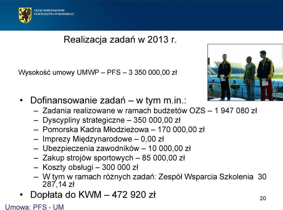 : Zadania realizowane w ramach budżetów OZS 1 947 080 zł Dyscypliny strategiczne 350 000,00 zł Pomorska Kadra