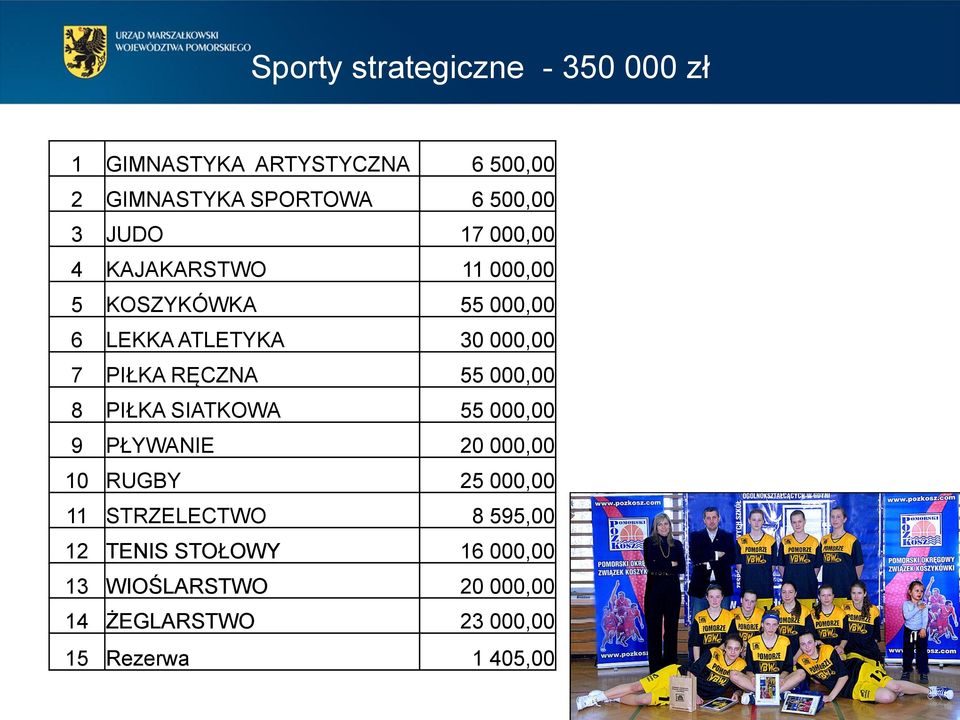 RĘCZNA 55 000,00 8 PIŁKA SIATKOWA 55 000,00 9 PŁYWANIE 20 000,00 10 RUGBY 25 000,00 11 STRZELECTWO