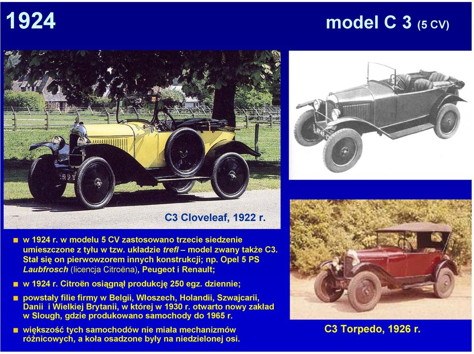 Citroën osiągnął produkcję 250 egz. dziennie; powstały filie firmy w Belgii, Włoszech, Holandii, Szwajcarii, Danii i Wielkiej Brytanii, w której w 1930 r.