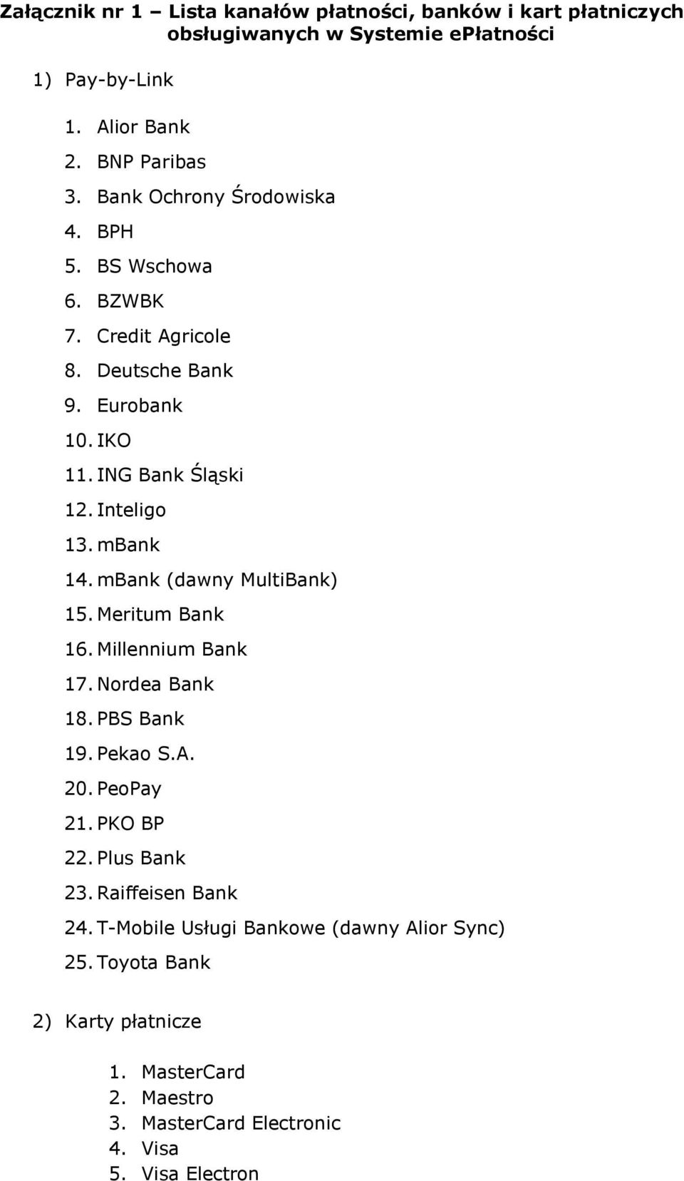 mbank (dawny MultiBank) 15. Meritum Bank 16. Millennium Bank 17. Nordea Bank 18. PBS Bank 19. Pekao S.A. 20. PeoPay 21. PKO BP 22. Plus Bank 23.