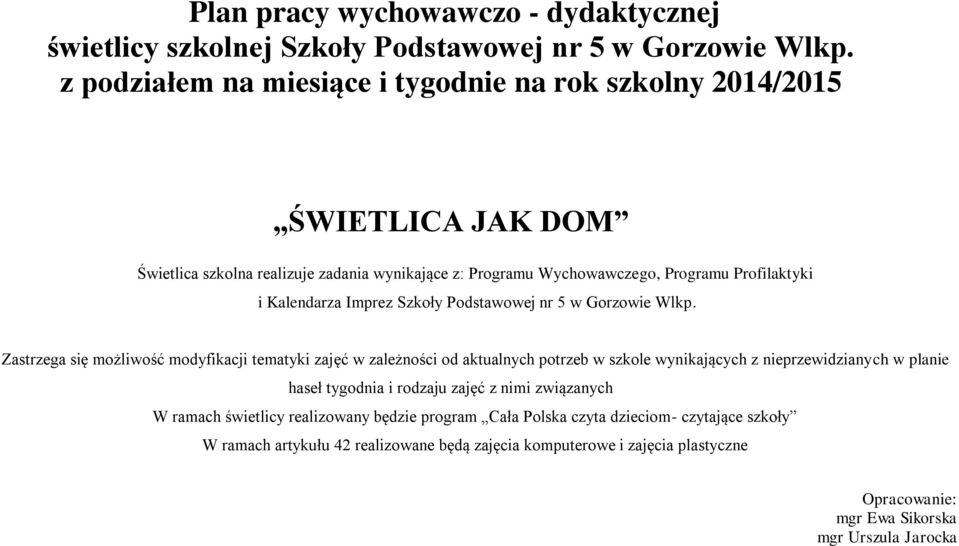 Kalendarza Imprez Szkoły Podstawowej nr 5 w Gorzowie Wlkp.
