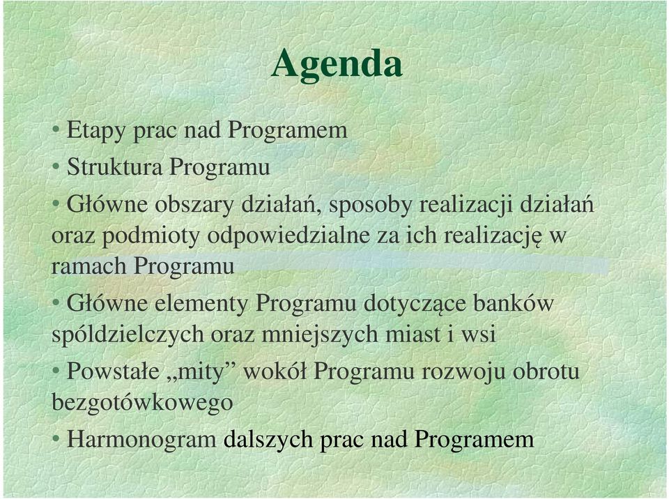 Główne elementy Programu dotyczące banków spóldzielczych oraz mniejszych miast i wsi