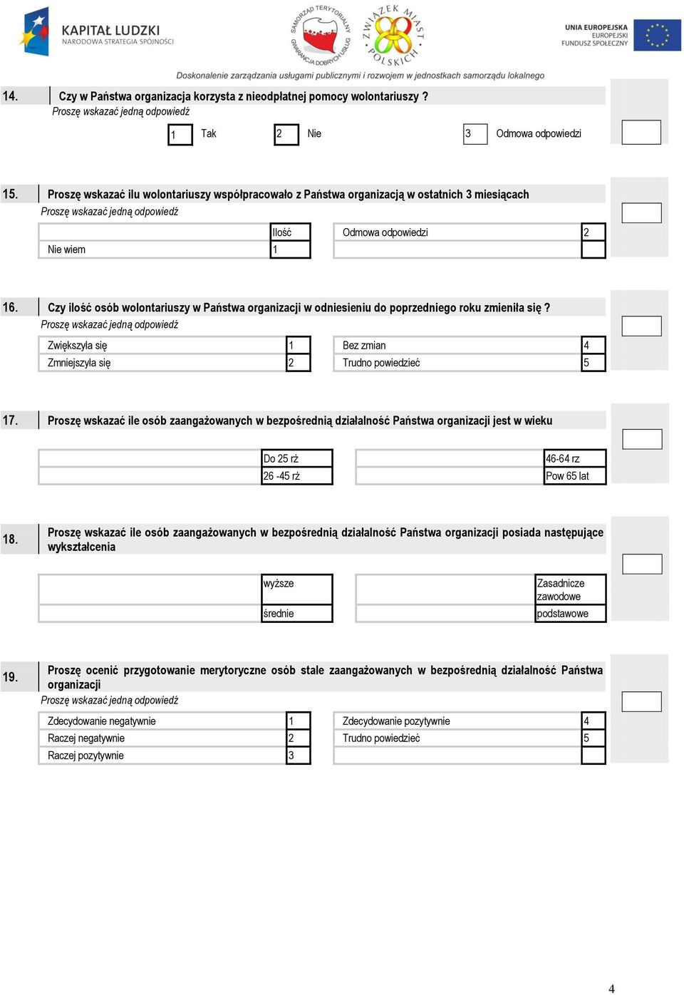 Czy ilość osób wolontariuszy w Państwa organizacji w odniesieniu do poprzedniego roku zmieniła się? Zwiększyła się 1 Bez zmian 4 Zmniejszyła się 2 Trudno powiedzieć 5 17.