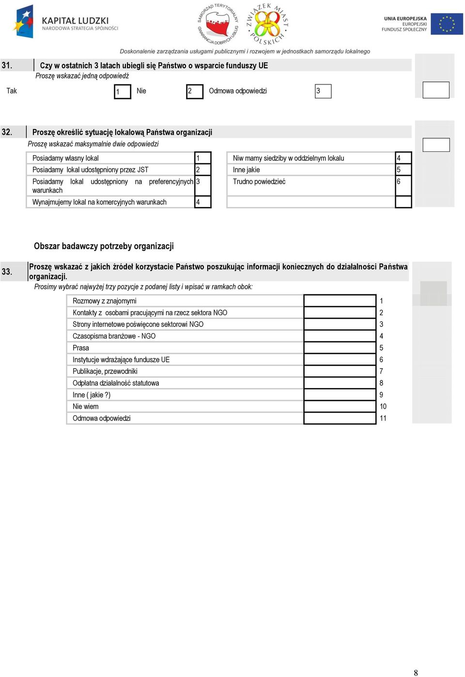 JST 2 Inne jakie 5 Posiadamy lokal udostępniony na preferencyjnych warunkach Wynajmujemy lokal na komercyjnych warunkach 4 3 Trudno powiedzieć 6 Obszar badawczy potrzeby organizacji 33.