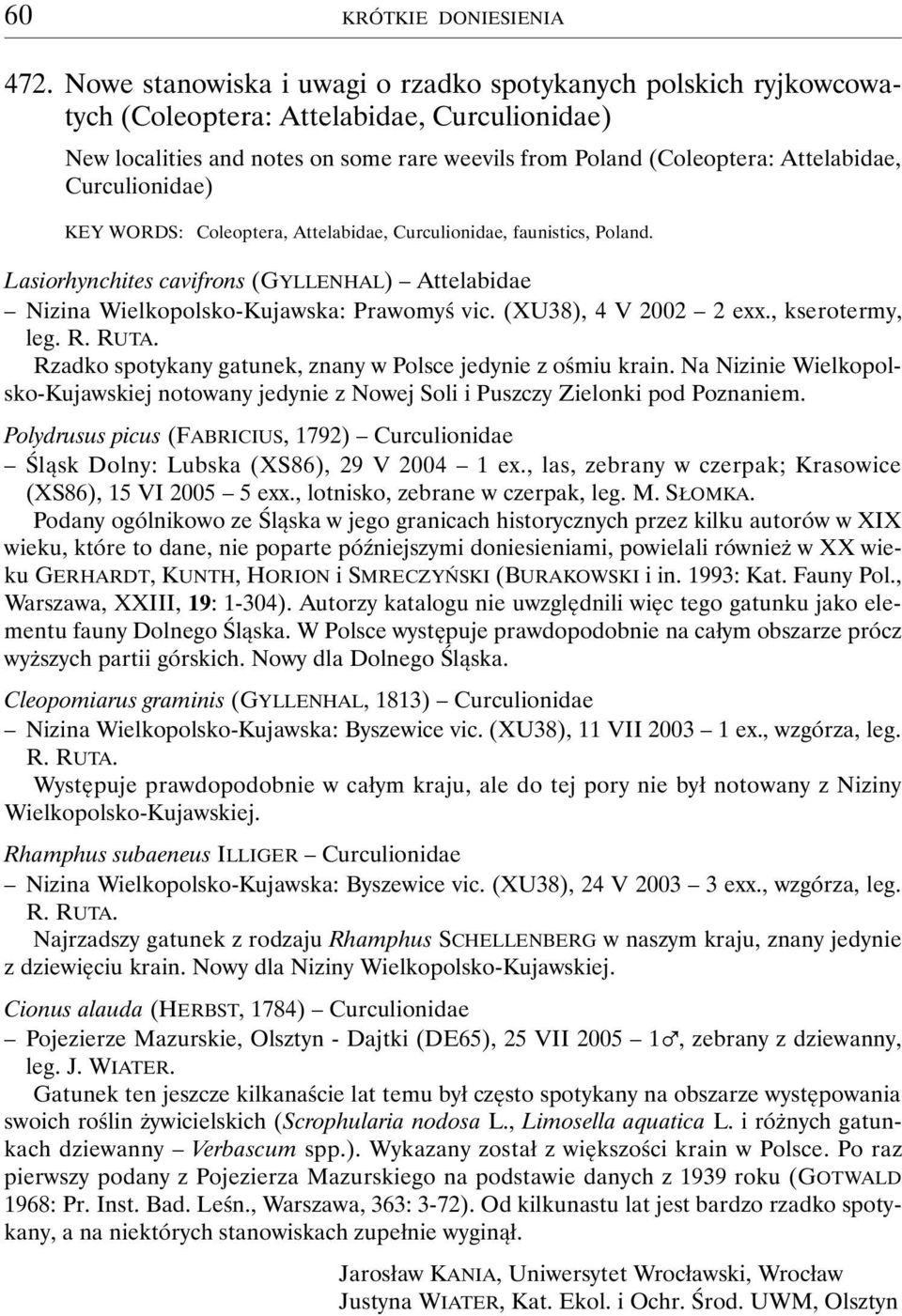 Curculionidae) KEY WORDS: Coleoptera, Attelabidae, Curculionidae, faunistics, Poland. Lasiorhynchites cavifrons (GYLLENHAL) Attelabidae Nizina Wielkopolsko-Kujawska: Prawomyś vic.