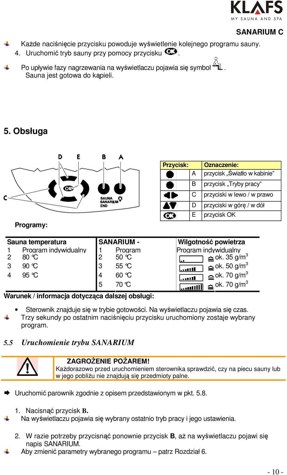 Obsługa Programy: Przycisk: A B C D E Oznaczenie: przycisk Światło w kabinie przycisk Tryby pracy przyciski w lewo / w prawo przyciski w górę / w dół przycisk OK Sauna temperatura SANARIUM -