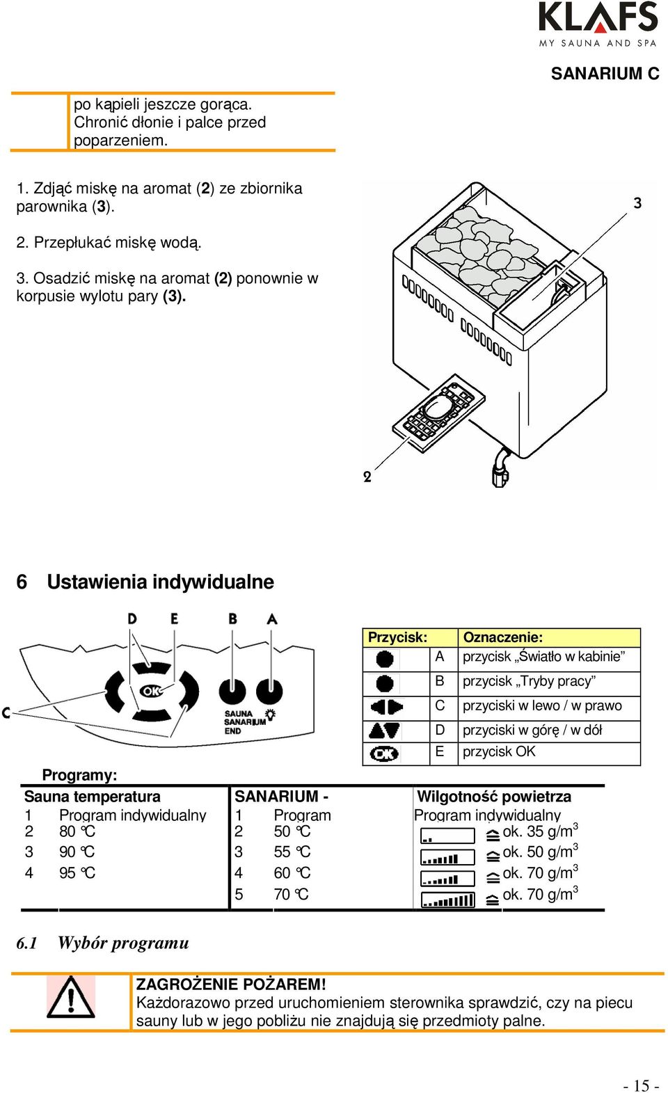 6 Ustawienia indywidualne Przycisk: A B C D E Oznaczenie: przycisk Światło w kabinie przycisk Tryby pracy przyciski w lewo / w prawo przyciski w górę / w dół przycisk OK Programy: Sauna temperatura