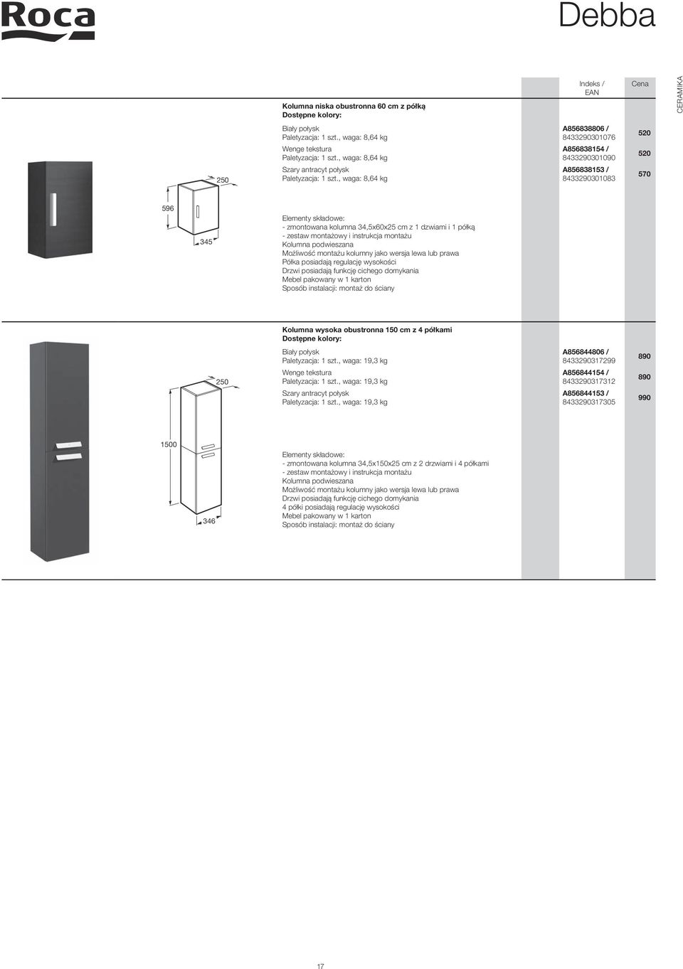 montażowy i instrukcja montażu Kolumna podwieszana Możliwość montażu kolumny jako wersja lewa lub prawa Półka posiadają regulację wysokości Drzwi posiadają funkcję cichego domykania Mebel pakowany w
