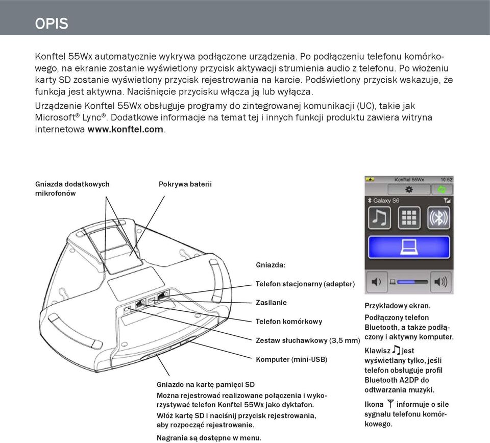 Urządzenie Konftel 55Wx obsługuje programy do zintegrowanej komunikacji (UC), takie jak Microsoft Lync. Dodatkowe informacje na temat tej i innych funkcji produktu zawiera witryna internetowa www.
