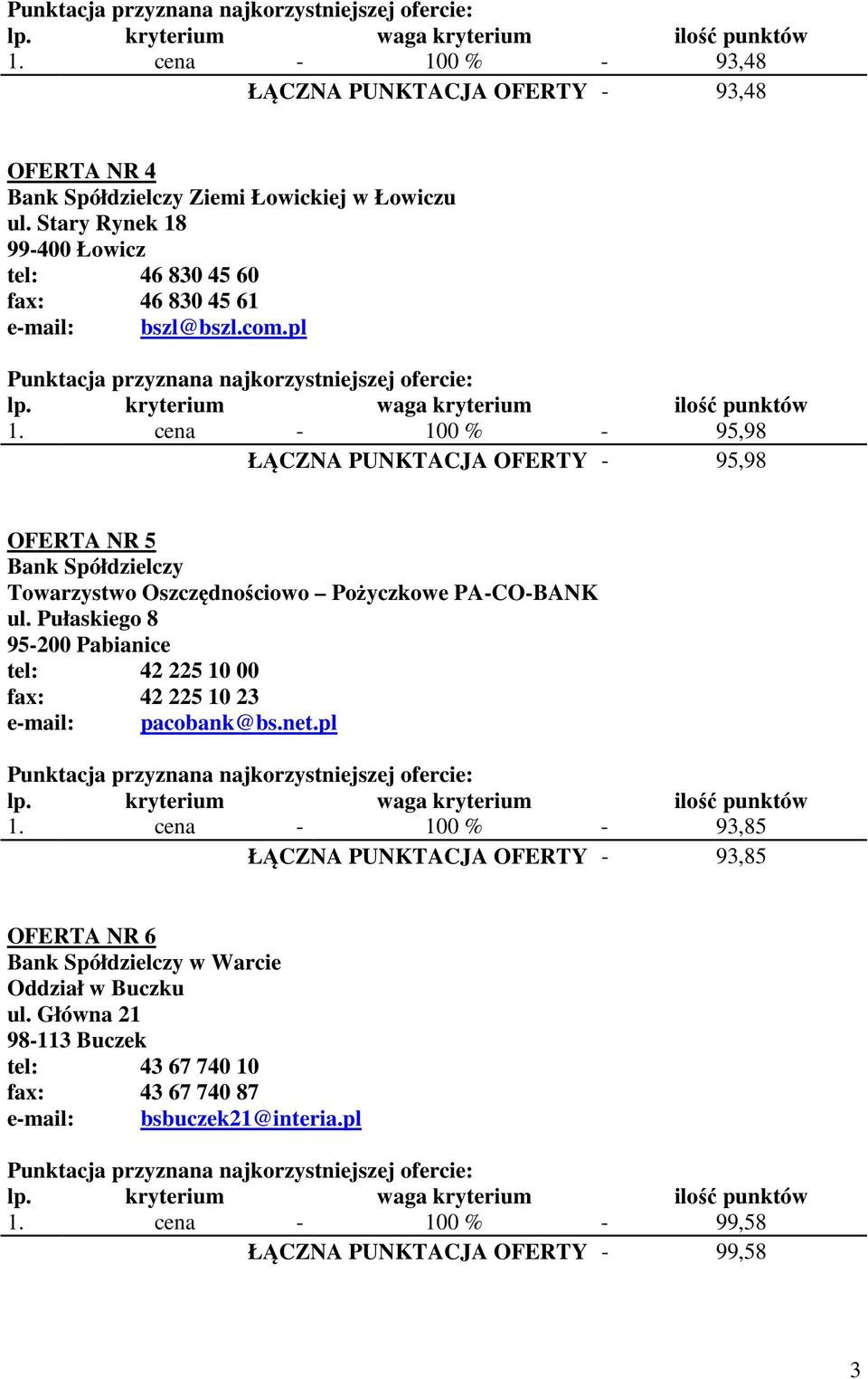 cena - 100 % - 95,98 ŁĄCZNA PUNKTACJA OFERTY - 95,98 OFERTA NR 5 Bank Spółdzielczy Towarzystwo Oszczędnościowo Pożyczkowe PA-CO-BANK ul.