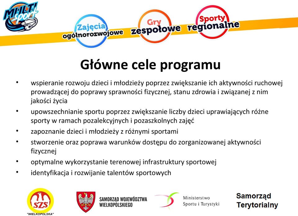 sporty w ramach pozalekcyjnych i pozaszkolnych zajęć zapoznanie dzieci i młodzieży z różnymi sportami stworzenie oraz poprawa warunków