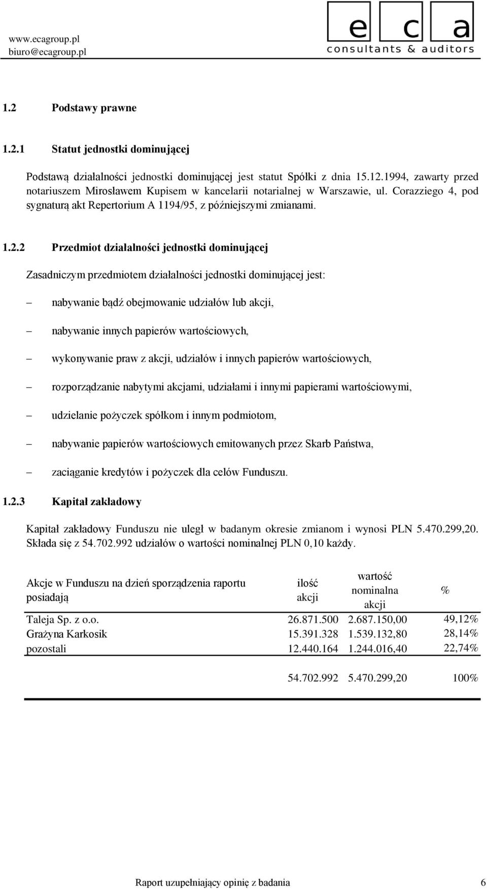 2 Przedmiot działalności jednostki dominującej Zasadniczym przedmiotem działalności jednostki dominującej jest: nabywanie bądź obejmowanie udziałów lub akcji, nabywanie innych papierów wartościowych,
