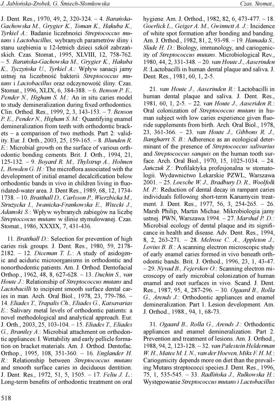Barańska-Gachowska M., Grygier K., Hakuba K., Tyczyńska U., Tyrkiel A.: Wpływ sanacji jamy ustnej na liczebność bakterii Streptococcus mutans i Lactobacillus oraz odczynowość śliny. Czas. Stomat.