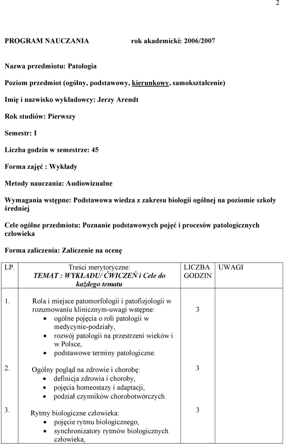 ogólne przedmiotu: Poznanie podstawowych pojęć i procesów patologicznych człowieka Forma zaliczenia: Zaliczenie na ocenę LP.