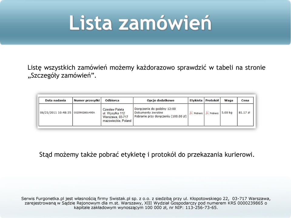 stronie Szczegóły zamówień.