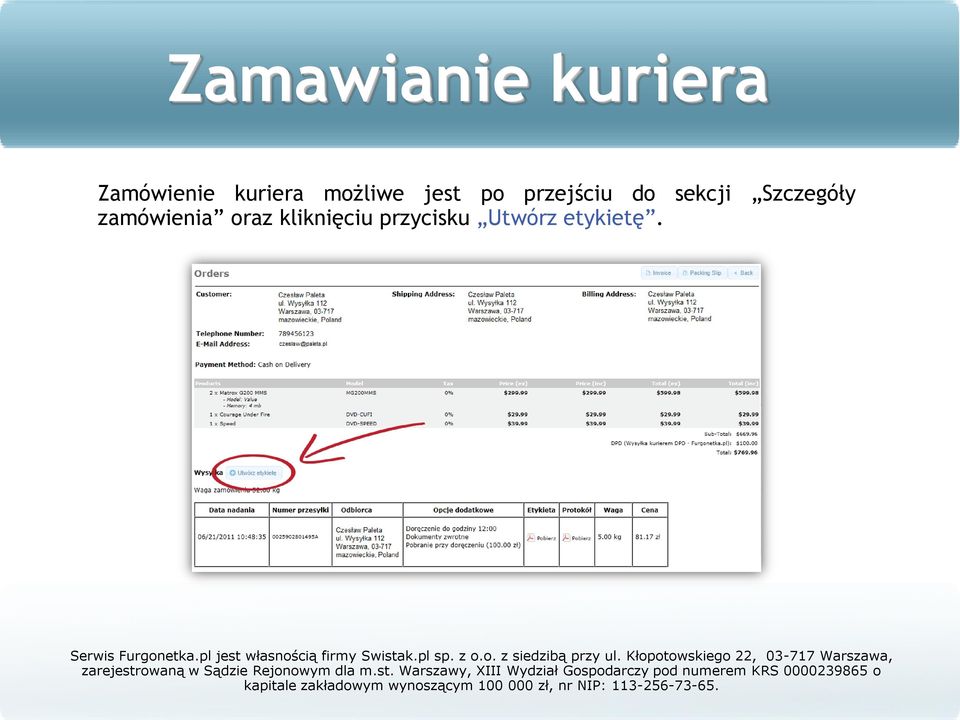 do sekcji Szczegóły zamówienia