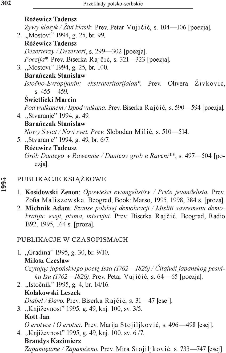 455 459. Świetlicki Marcin Pod wulkanem / Ispod vulkana. Prev. Biserka R aјčić, s. 590 594 [poezja]. 4. Stvaranje 1994, g. 49. Barańczak Stanisław Nowy Świat / Novi svet. Prev. Slobodan Milić, s.