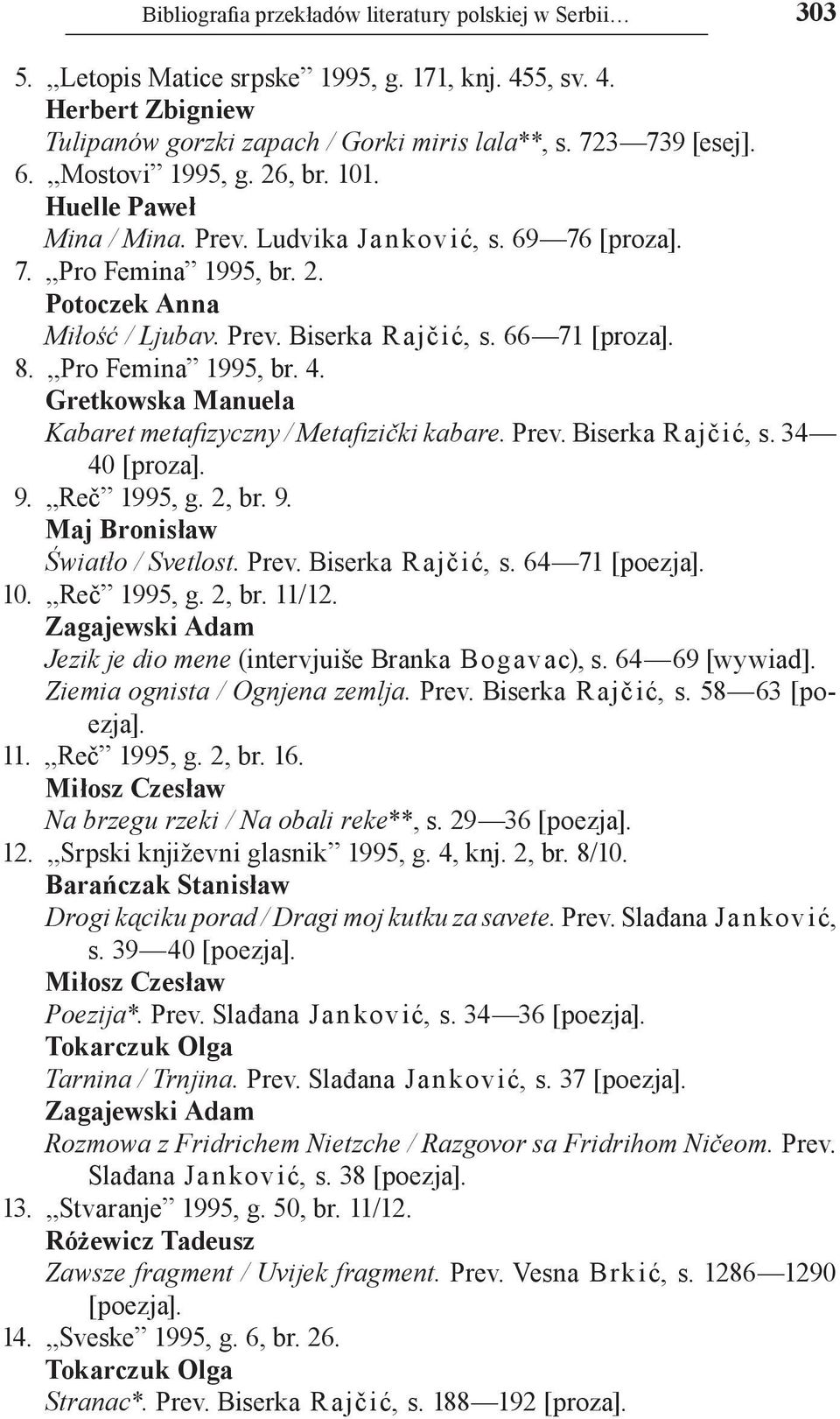 Pro Femina 1995, br. 4. Gretkowska Manuela Kabaret metafizyczny / Metafizički kabare. Prev. Biserka R aјčić, s. 34 40 [proza]. 9. Reč 1995, g. 2, br. 9. Maj Bronisław Światło / Svetlost. Prev. Biserka Raјčić, s.