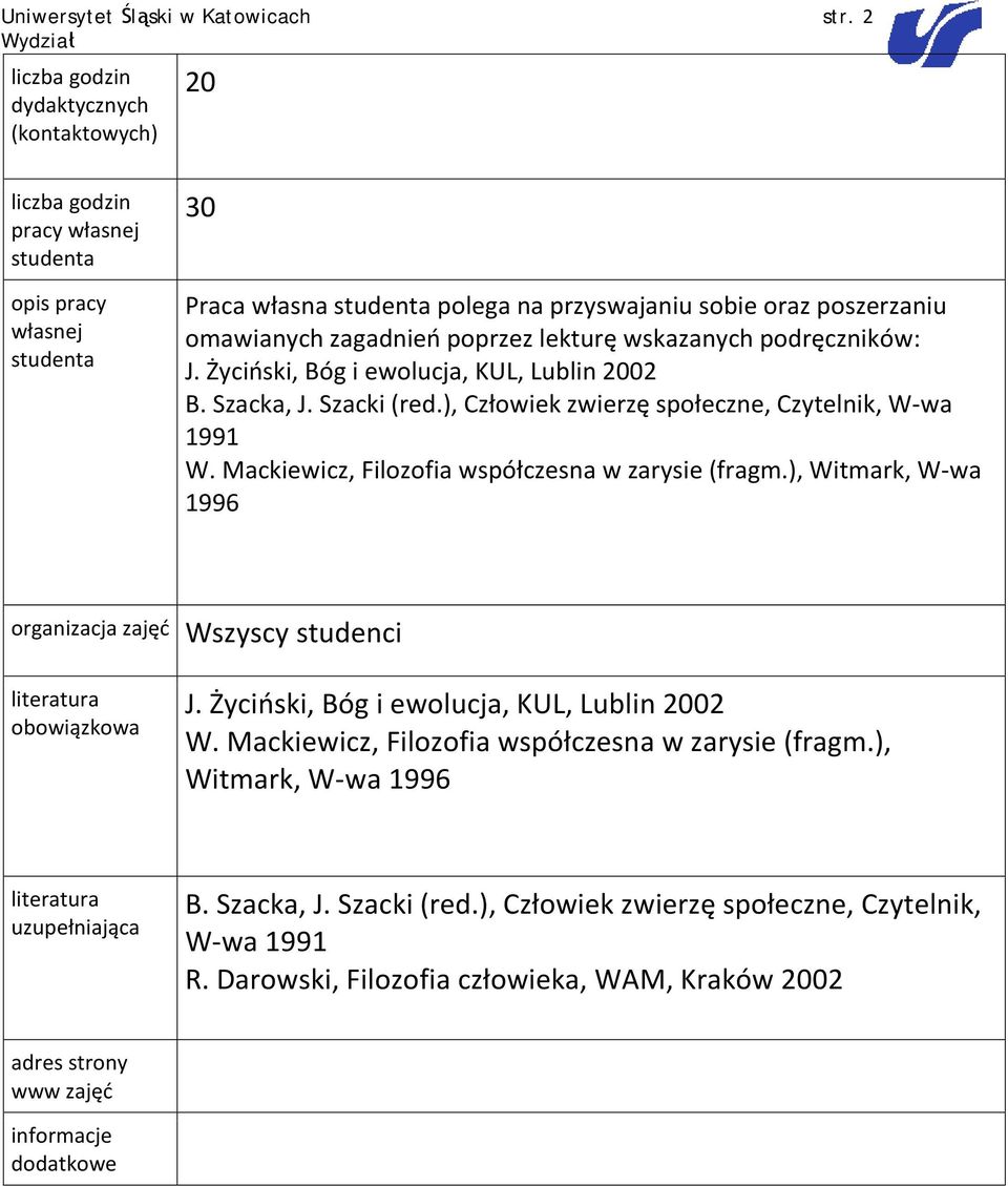 podręczników: J. Życiński, Bóg i ewolucja, KUL, Lublin 2002 B. Szacka, J. Szacki (red.), Człowiek zwierzę społeczne, Czytelnik, W-wa 1991 W.