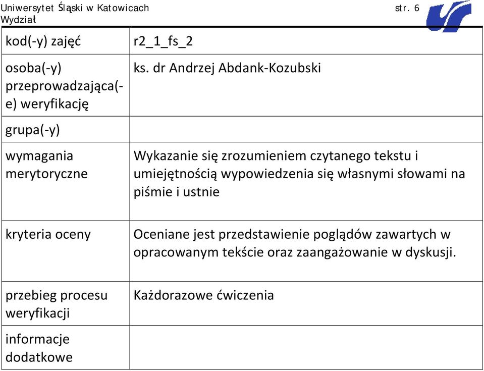 dr Andrzej Abdank-Kozubski Wykazanie się zrozumieniem czytanego tekstu i umiejętnością wypowiedzenia się
