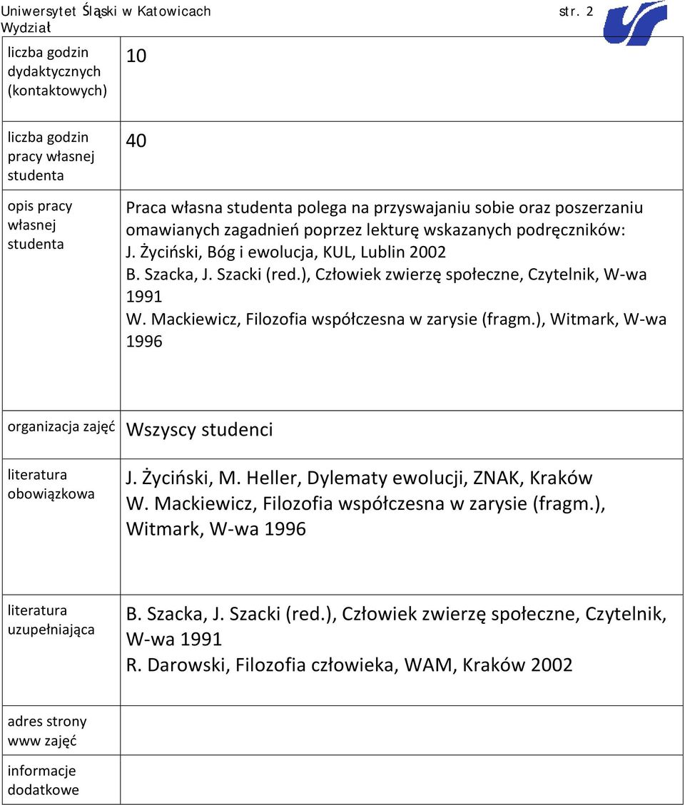 podręczników: J. Życiński, Bóg i ewolucja, KUL, Lublin 2002 B. Szacka, J. Szacki (red.), Człowiek zwierzę społeczne, Czytelnik, W-wa 1991 W.
