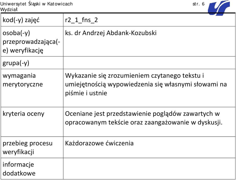 dr Andrzej Abdank-Kozubski Wykazanie się zrozumieniem czytanego tekstu i umiejętnością wypowiedzenia się