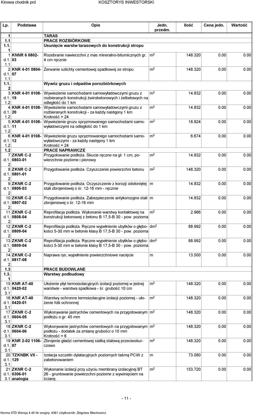 00 Zerwanie szlichty cementowej spadkowej ze stropu m 48.30 0.00 0.