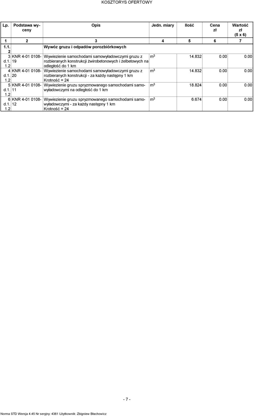 KNR 4-0 008-0 KNR 4-0 008- KNR 4-0 008- Wywiezienie samochodami samowyładowczymi gruzu z rozbieranych konstrukcji - za każdy następny km Krotność = 4 Wywiezienie gruzu