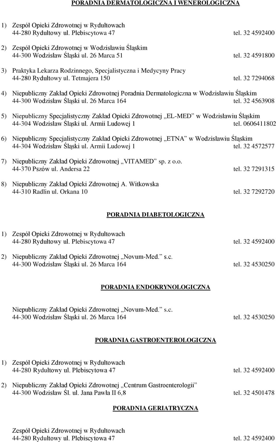 0606411802 6) Niepubliczny Specjalistyczny Zakład Opieki Zdrowotnej ETNA w Wodzisławiu Śląskim 44-304 Wodzisław Śląski ul. Armii Ludowej 1 tel.