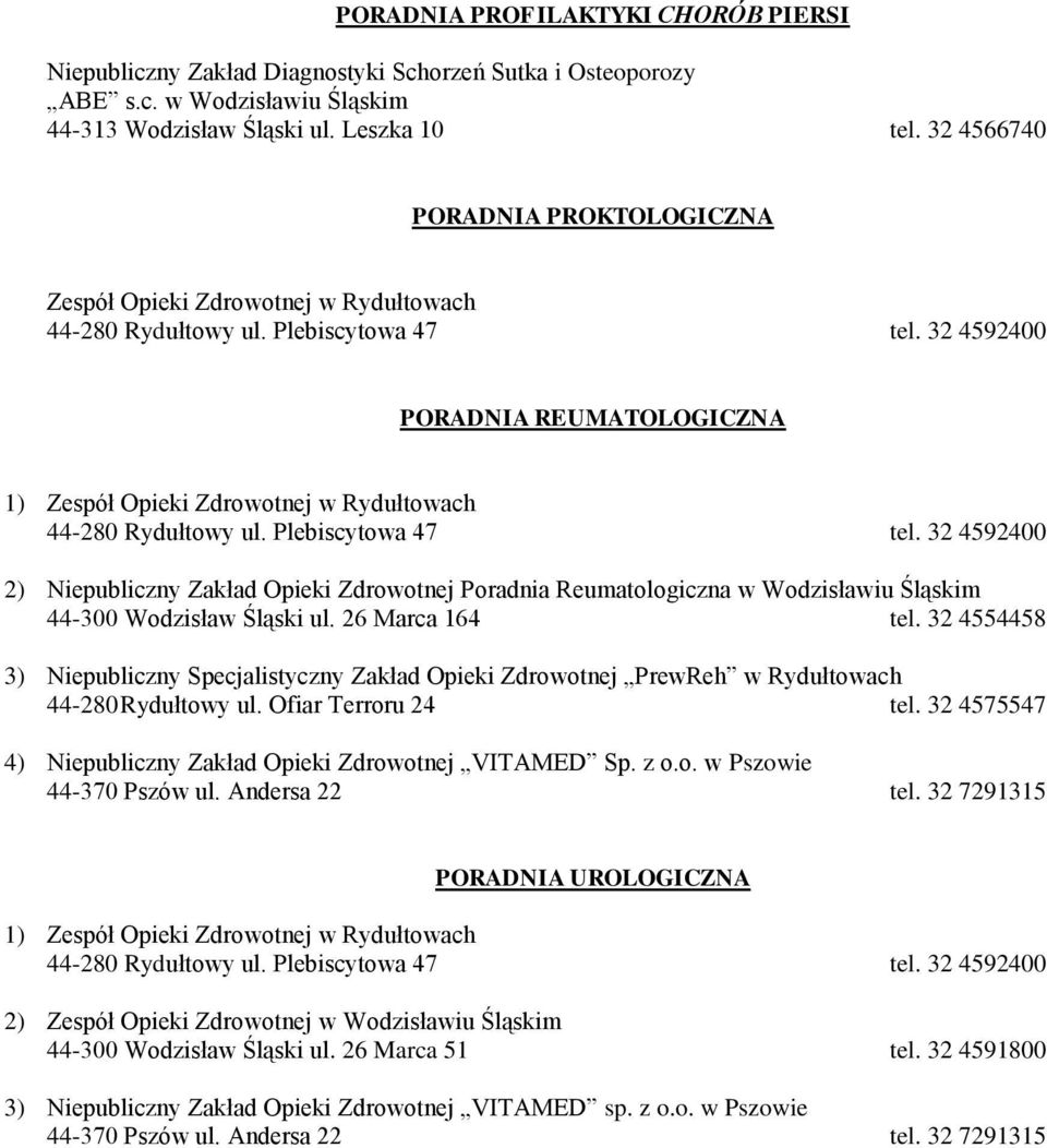 Wodzisławiu Śląskim 44-300 Wodzisław Śląski ul. 26 Marca 164 tel. 32 4554458 3) Niepubliczny Specjalistyczny Zakład Opieki Zdrowotnej PrewReh w Rydułtowach 44-280 Rydułtowy ul.