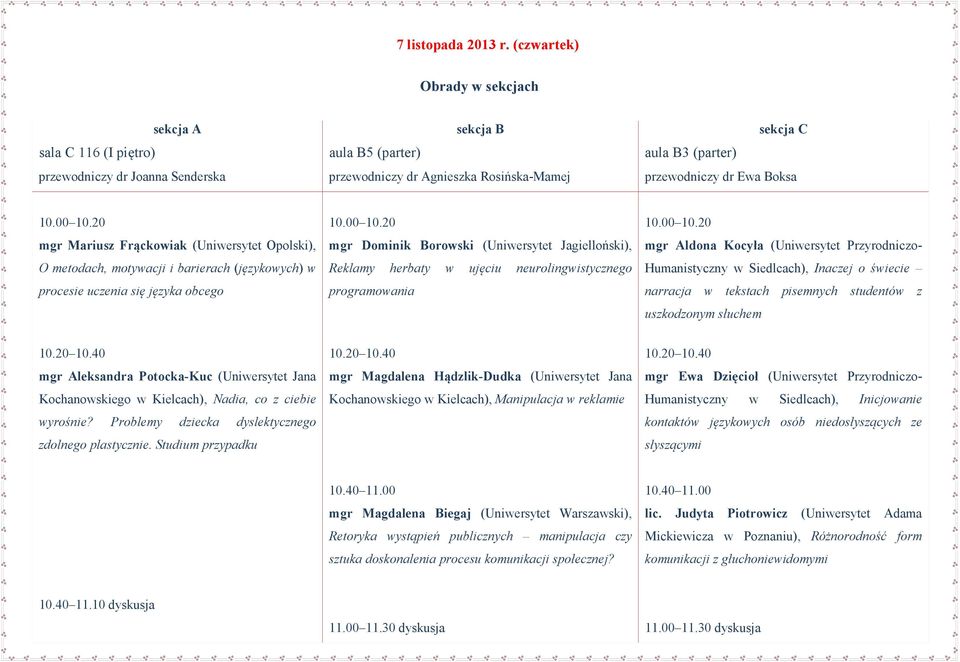 dr Ewa Boksa 10.00 10.20 mgr Mariusz Frąckowiak (Uniwersytet Opolski), O metodach, motywacji i barierach (językowych) w procesie uczenia się języka obcego 10.00 10.20 mgr Dominik Borowski (Uniwersytet Jagielloński), Reklamy herbaty w ujęciu neurolingwistycznego programowania 10.