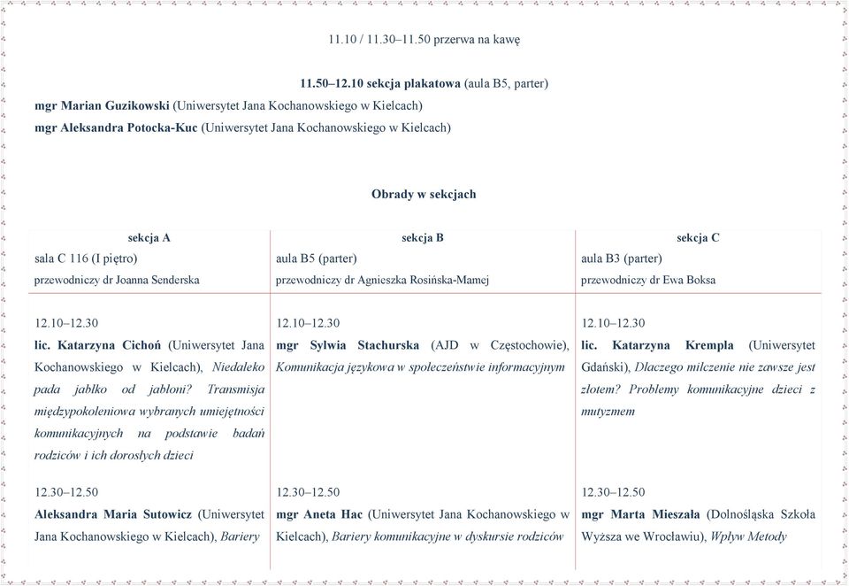 (parter) sekcja B przewodniczy dr Agnieszka Rosińska-Mamej aula B3 (parter) sekcja C przewodniczy dr Ewa Boksa 12.10 12.30 lic.