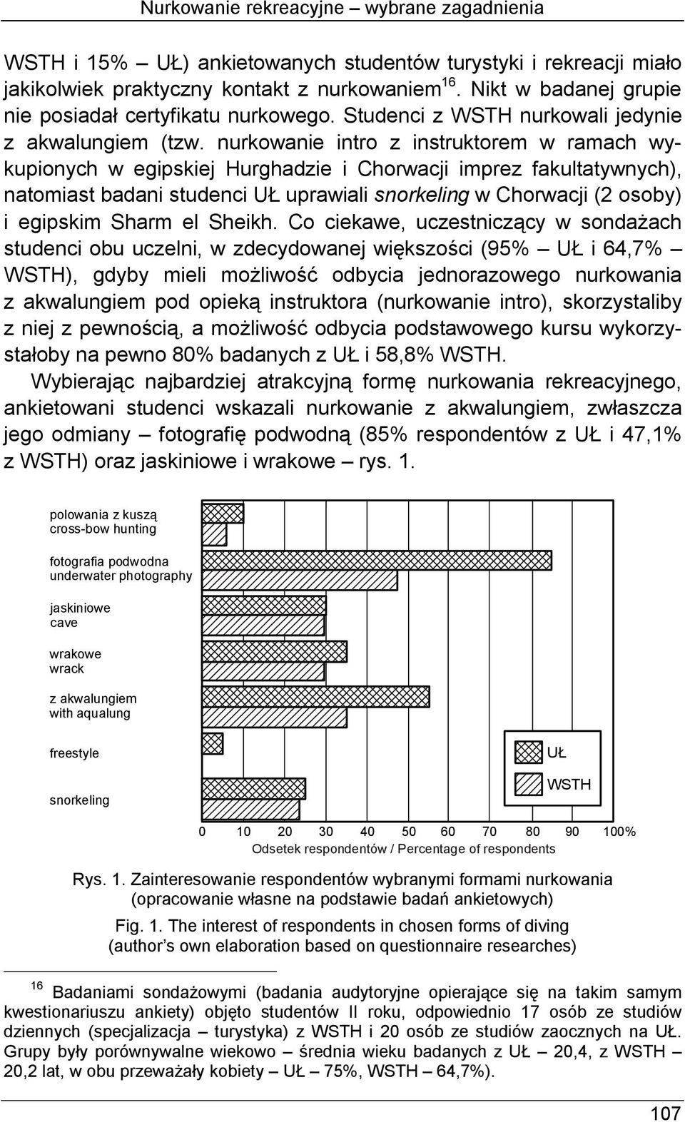 nurkowanie intro z instruktorem w ramach wykupionych w egipskiej Hurghadzie i Chorwacji imprez fakultatywnych), natomiast badani studenci UŁ uprawiali snorkeling w Chorwacji (2 osoby) i egipskim