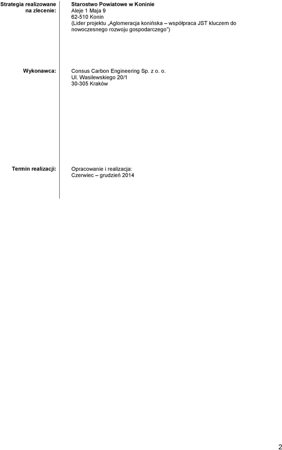 rozwoju gospodarczego ) Wykonawca: Consus Carbon Engineering Sp. z o. o. Ul.