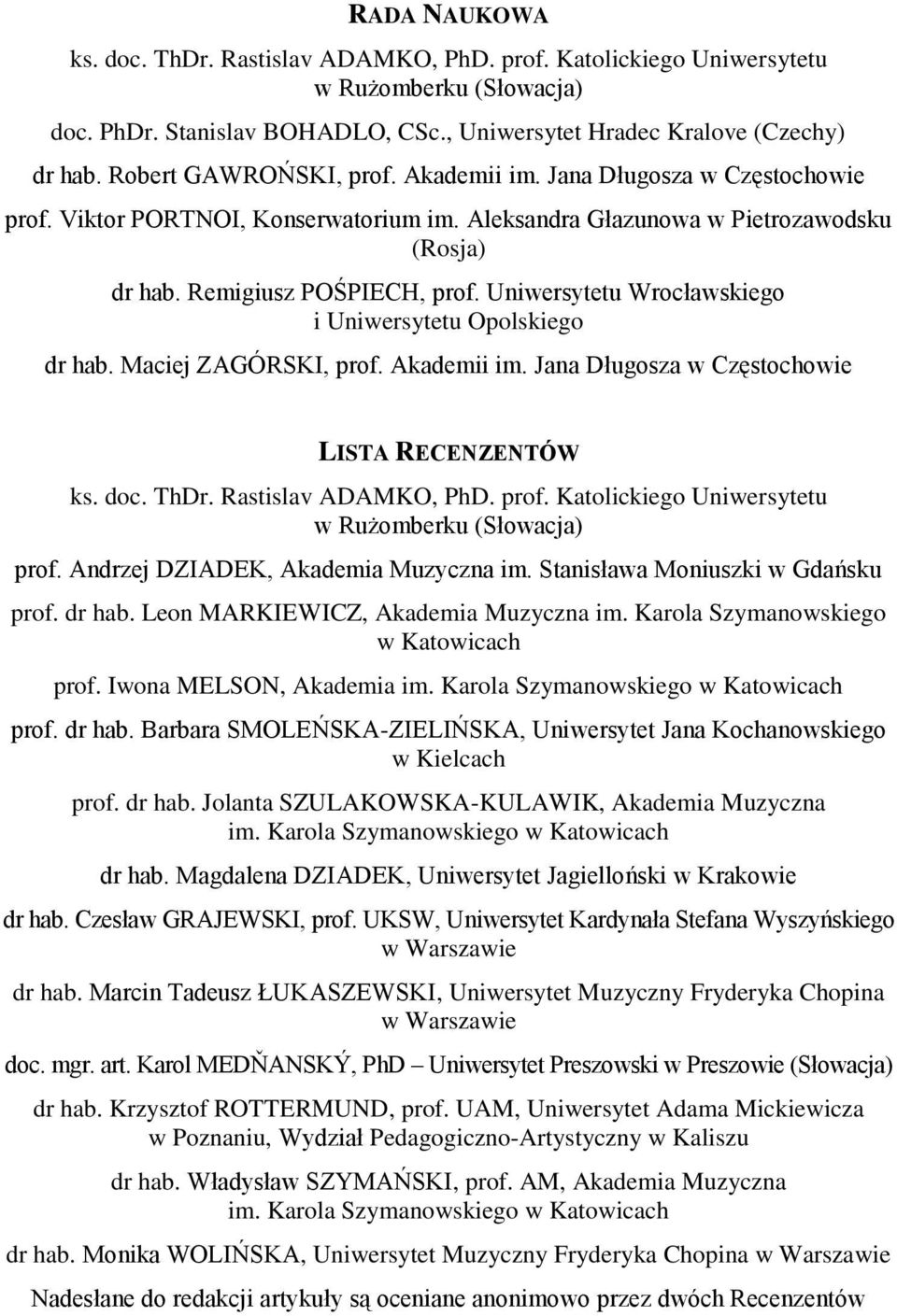 Uniwersytetu Wrocławskiego i Uniwersytetu Opolskiego dr hab. Maciej ZAGÓRSKI, prof. Akademii im. Jana Długosza w Częstochowie LISTA RECENZENTÓW ks. doc. ThDr. Rastislav ADAMKO, PhD. prof. Katolickiego Uniwersytetu w Rużomberku (Słowacja) prof.