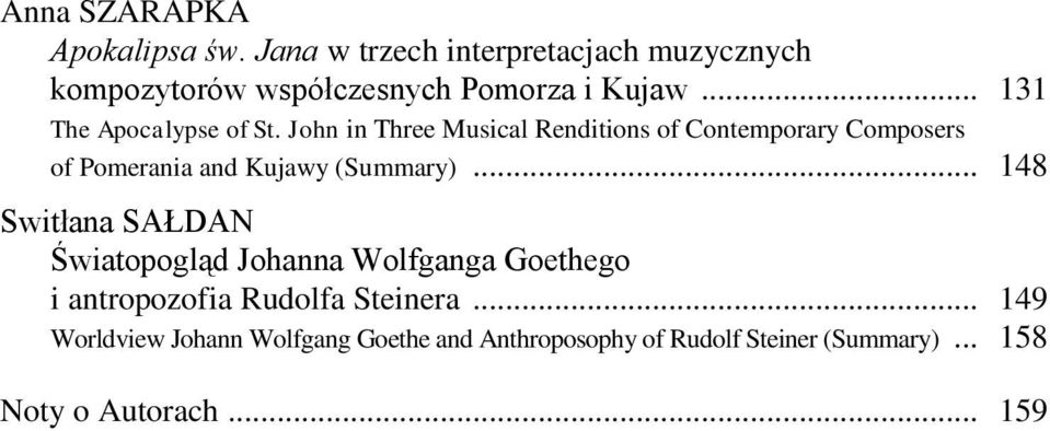 John in Three Musical Renditions of Contemporary Composers of Pomerania and Kujawy (Summary).