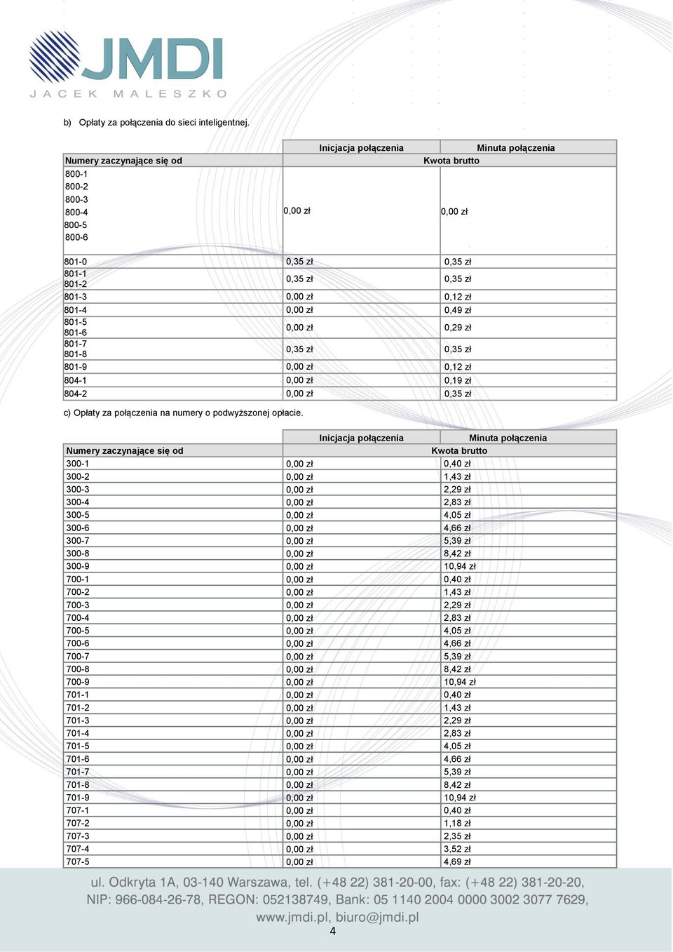 zł 0,49 zł 801-5 801-6 0,00 zł 0,29 zł 801-7 801-8 0,35 zł 0,35 zł 801-9 0,00 zł 0,12 zł 804-1 0,00 zł 0,19 zł 804-2 0,00 zł 0,35 zł c) Opłaty za połączenia na numery o podwyższonej opłacie.