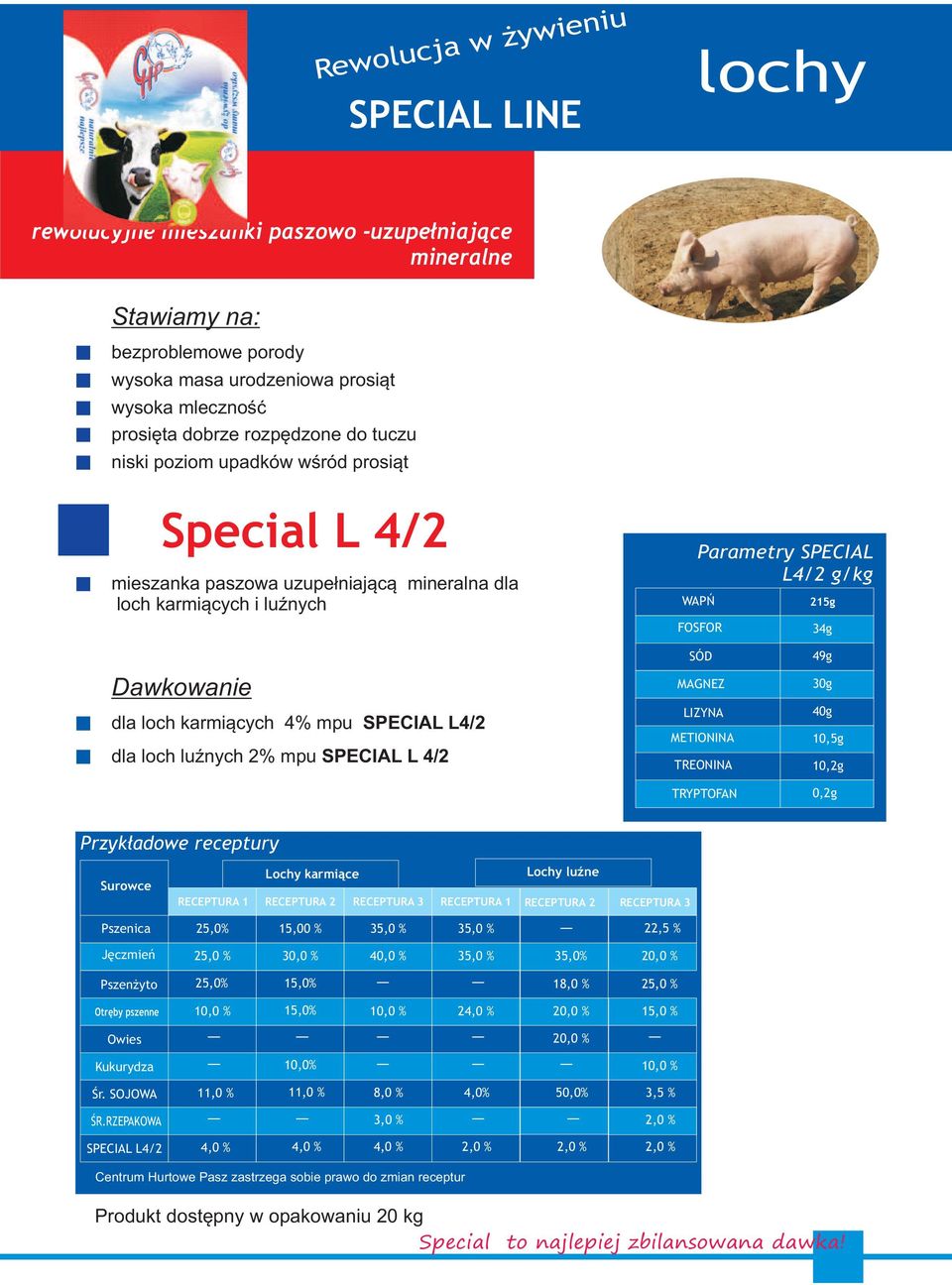 loch luźnych 2% mpu SPECIAL L 4/2 SÓD MAGNEZ METIONINA 49g 30g 40g 10,5g 10,2g 0,2g Lochy karmiące Lochy luźne 15,00 % 35,0 % 35,0 % 22,5 % Jęczmień 35,0 % 35,0% Pszenżyto 18,0 % 24,0 % Owies 10,0