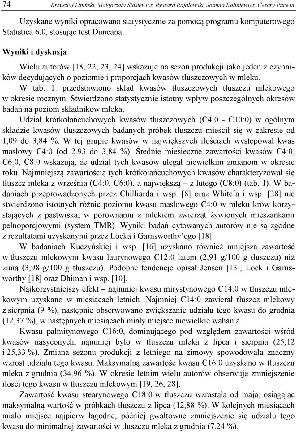 1. przedstawiono skład kwasów tłuszczowych tłuszczu mlekowego w okresie rocznym. Stwierdzono statystycznie istotny wpływ poszczególnych okresów badań na poziom składników mleka.