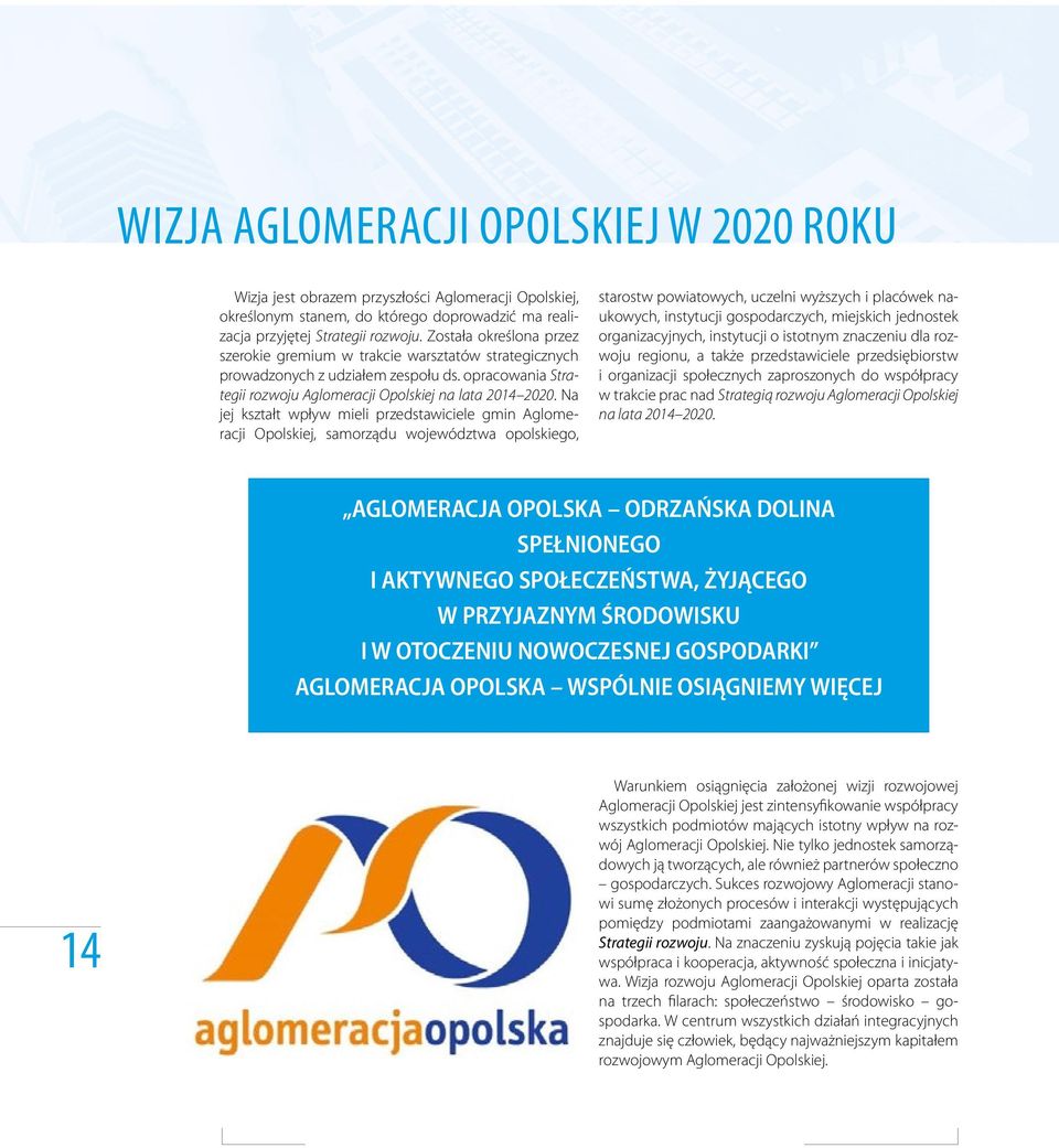 Na jej kształt wpływ mieli przedstawiciele gmin Aglomeracji Opolskiej, samorządu województwa opolskiego, starostw powiatowych, uczelni wyższych i placówek naukowych, instytucji gospodarczych,