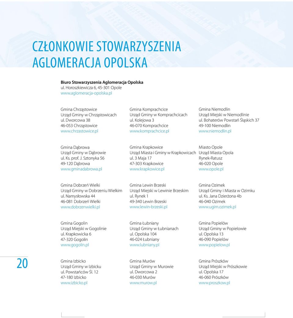 pl Gmina Niemodlin Urząd Miejski w Niemodlinie ul. Bohaterów Powstań Śląskich 37 49-100 Niemodlin www.niemodlin.pl Gmina Dąbrowa Urząd Gminy w Dąbrowie ul. Ks. prof. J. Sztonyka 56 49-120 Dąbrowa www.