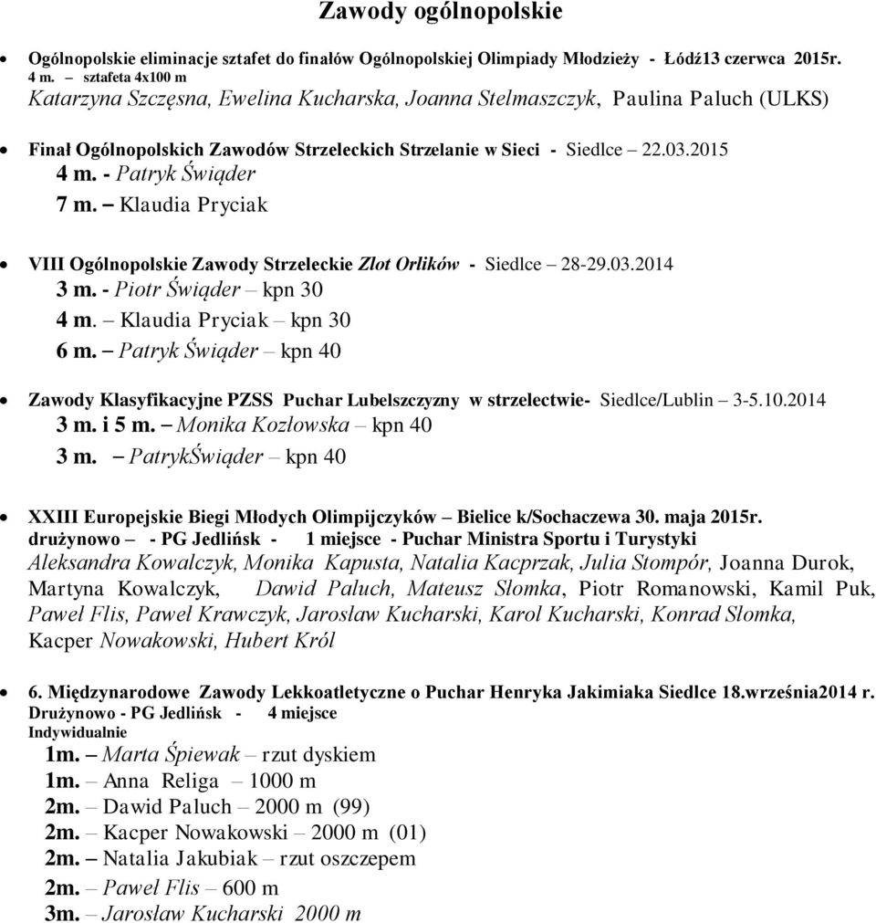 - Patryk Świąder 7 m. Klaudia Pryciak VIII Ogólnopolskie Zawody Strzeleckie Zlot Orlików - Siedlce 28-29.03.2014 3 m. - Piotr Świąder kpn 30 4 m. Klaudia Pryciak kpn 30 6 m.