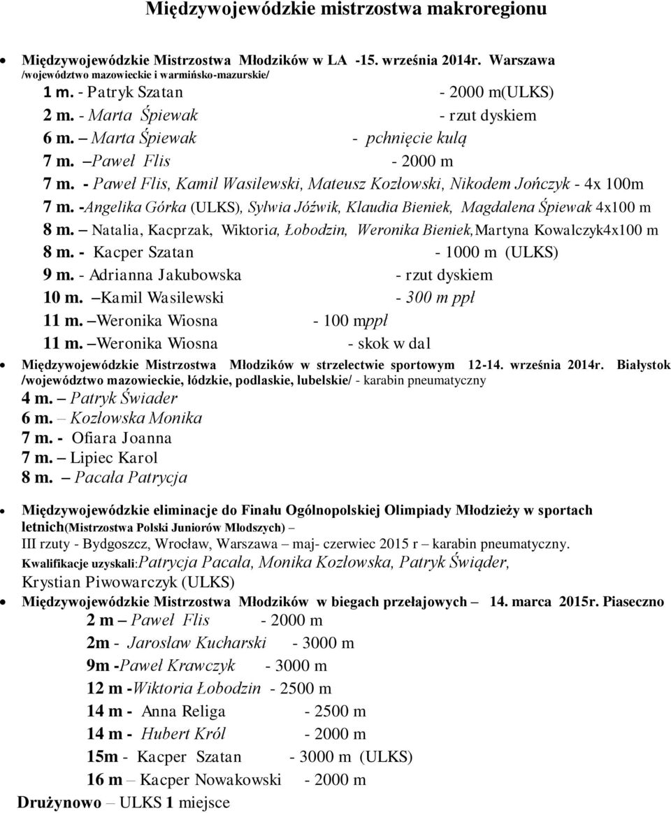 - Paweł Flis, Kamil Wasilewski, Mateusz Kozłowski, Nikodem Jończyk - 4x 100m 7 m. -Angelika Górka (ULKS), Sylwia Jóźwik, Klaudia Bieniek, Magdalena Śpiewak 4x100 m 8 m.