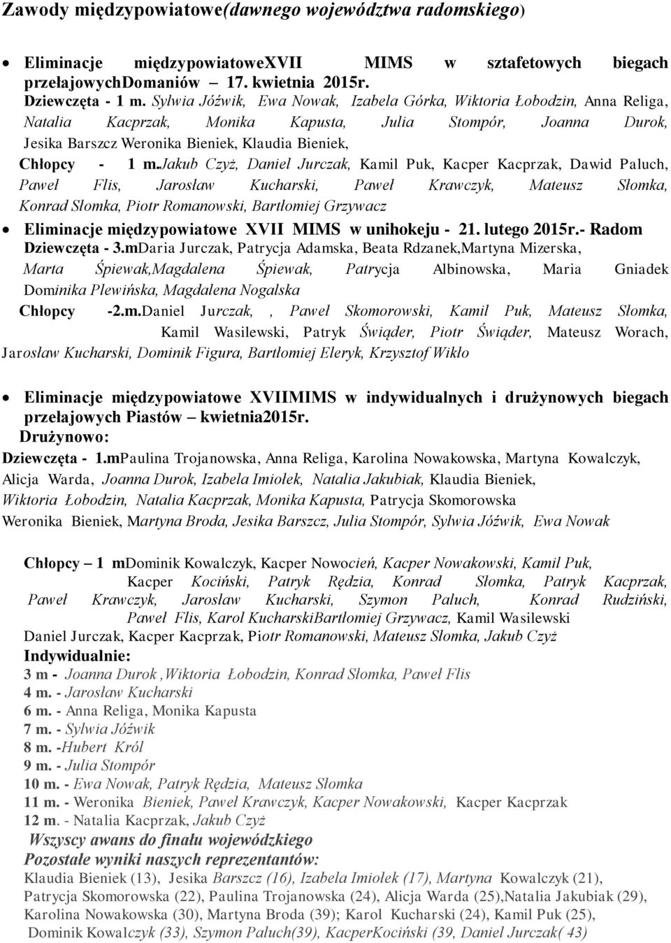 jakub Czyż, Daniel Jurczak, Kamil Puk, Kacper Kacprzak, Dawid Paluch, Paweł Flis, Jarosław Kucharski, Paweł Krawczyk, Mateusz Słomka, Konrad Słomka, Piotr Romanowski, Bartłomiej Grzywacz Eliminacje