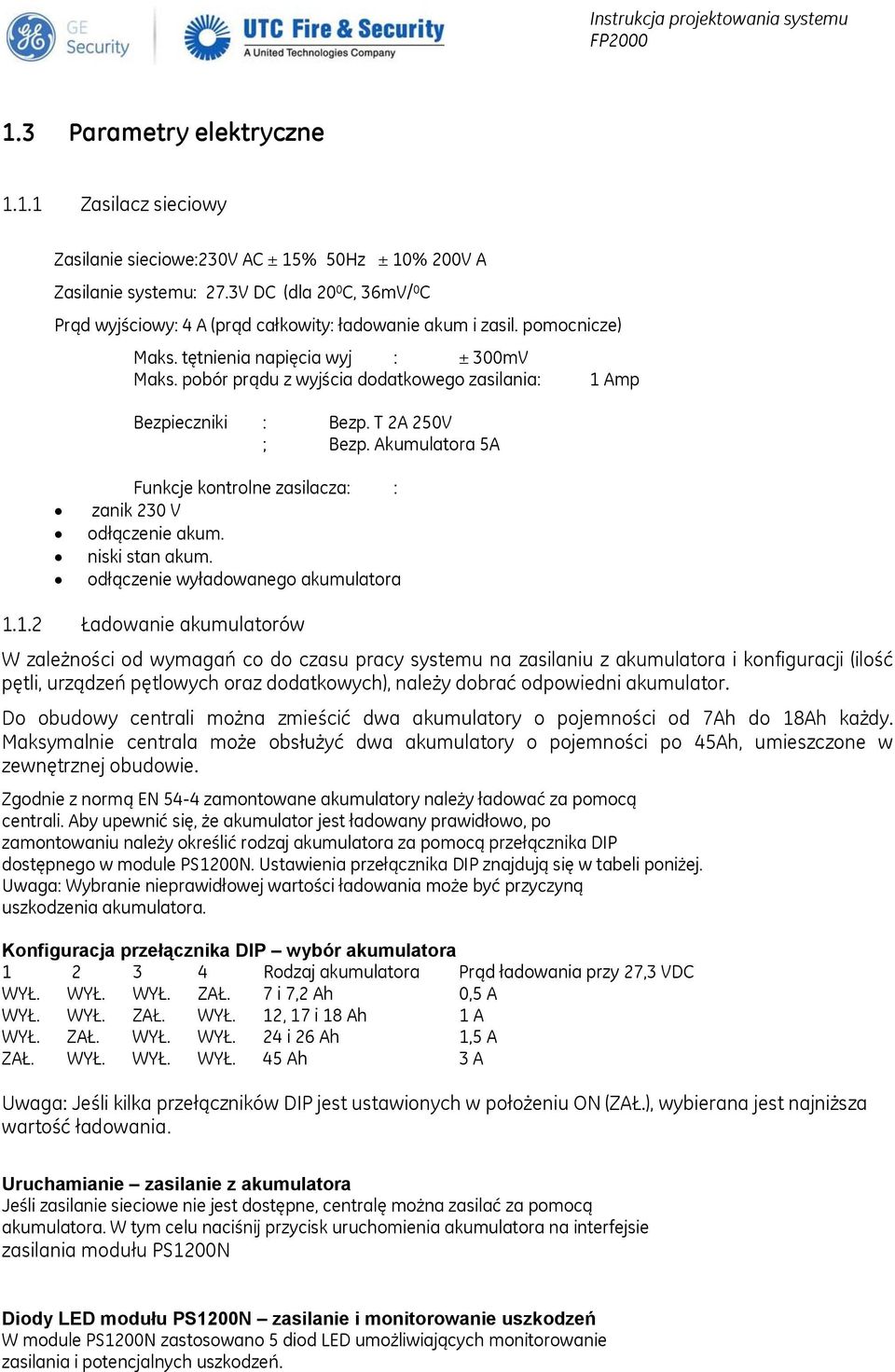 pobór prądu z wyjścia dodatkowego zasilania: 1 Amp Bezpieczniki : Bezp. T 2A 250V ; Bezp. Akumulatora 5A Funkcje kontrolne zasilacza: : zanik 230 V odłączenie akum. niski stan akum.