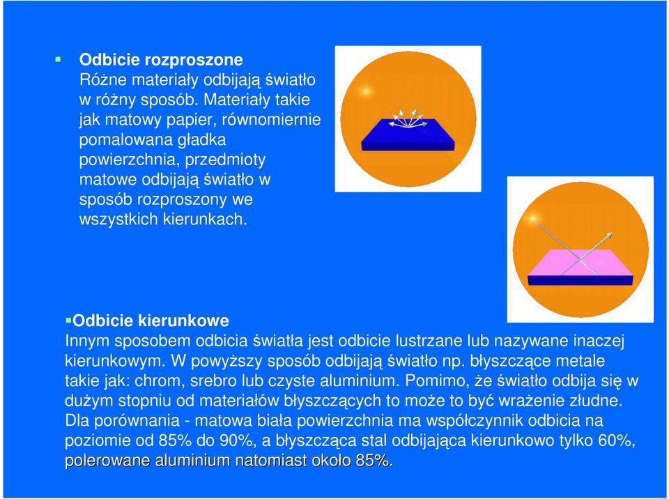 Odbicie kierunkowe Innym sposobem odbicia światła jest odbicie lustrzane lub nazywane inaczej kierunkowym. W powyższy sposób odbijają światło np.