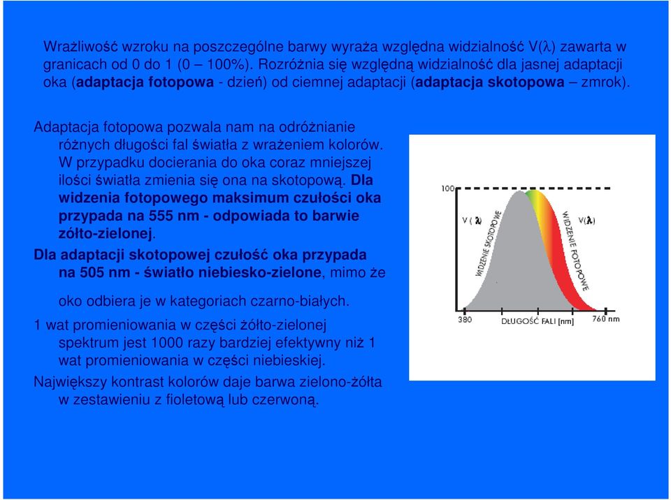 Adaptacja fotopowa pozwala nam na odróżnianie różnych długości fal światła z wrażeniem kolorów. W przypadku docierania do oka coraz mniejszej ilości światła zmienia się ona na skotopową.