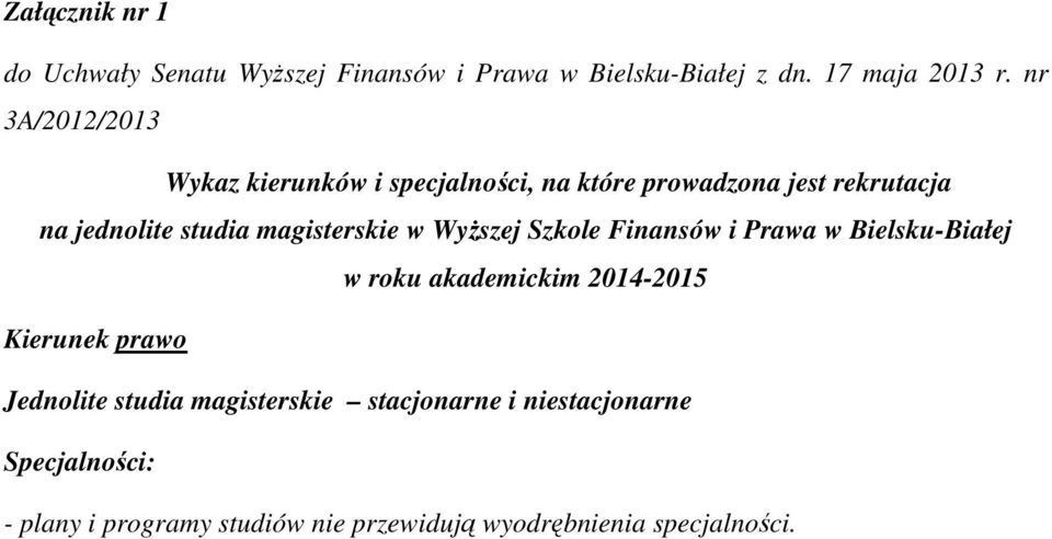 magisterskie w Wyższej Szkole Finansów i Prawa w Bielsku-Białej w roku akademickim 2014-2015 Kierunek prawo