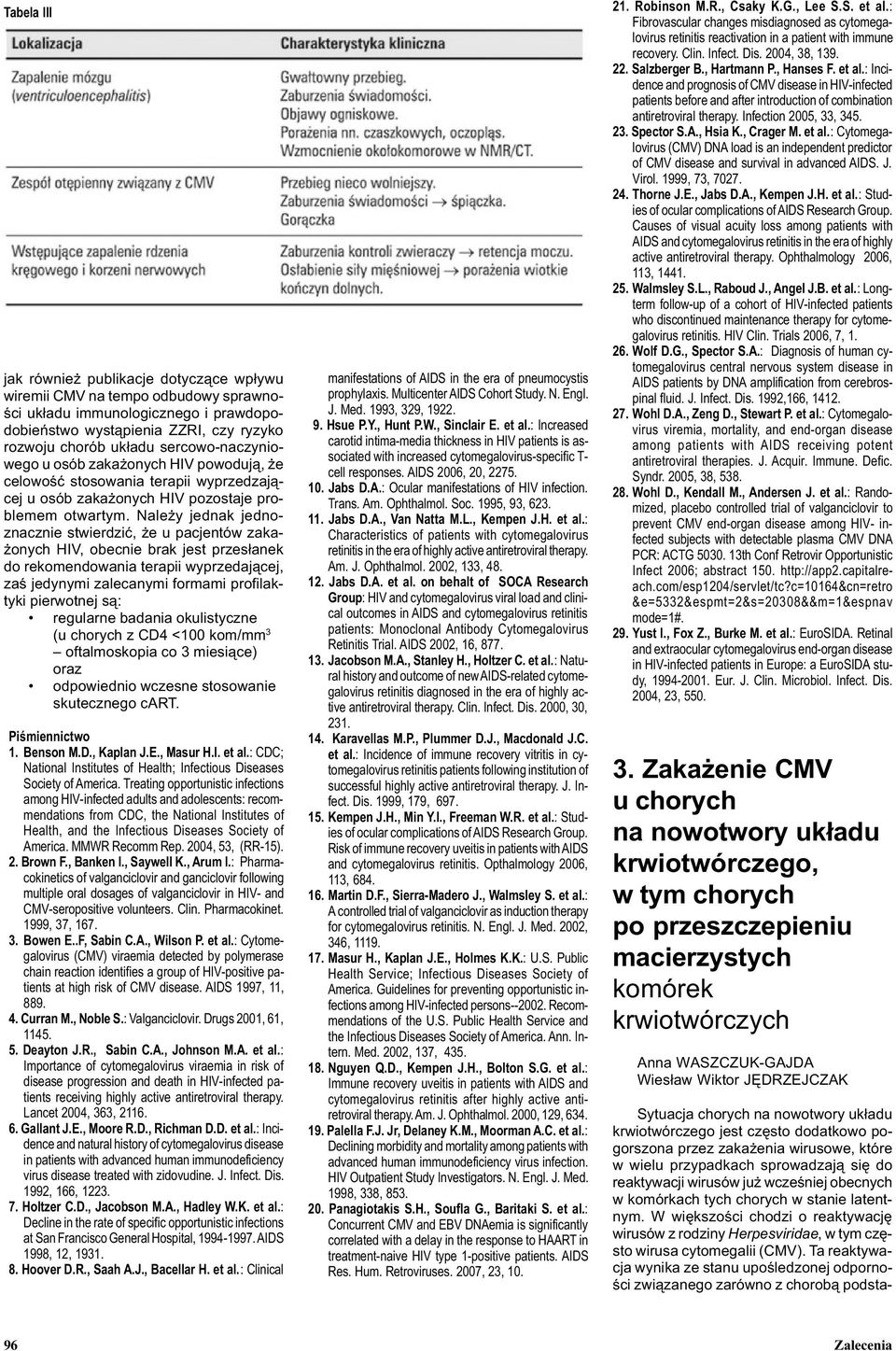 Nale y jednak jednoznacznie stwierdziæ, e u pacjentów zaka- onych HIV, obecnie brak jest przes³anek do rekomendowania terapii wyprzedaj¹cej, zaœ jedynymi zalecanymi formami profilaktyki pierwotnej