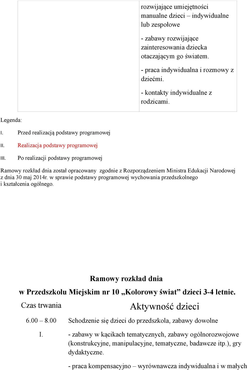 Realizacja podstawy programowej Po realizacji podstawy programowej Ramowy rozkład dnia został opracowany zgodnie z Rozporządzeniem Ministra Edukacji Narodowej z dnia 30 maj 2014r.